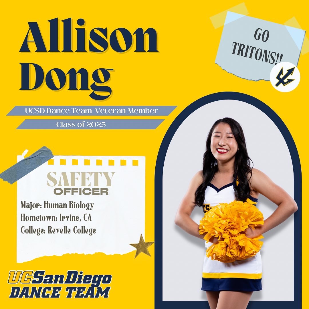UCSDDanceTeam's tweet photo. 💙MEET THE TEAM: ALLISON💛 
We are so excited to introduce our returners! Kicking off our second years is our turn queen miss allison!! GO TRITONS!!🔱 https://t.co/8QKcXyfLJW