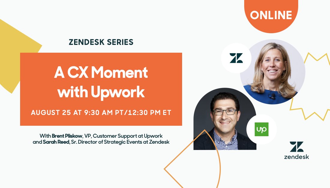 On our next fast and fiery #CXMoment live event:

🙋 Who: <a href="/Upwork/">Upwork</a>'s @bpliskow and Zendesk's <a href="/stealeyreed/">Sarah Stealey Reed</a>
💬 What: Strategies for creating seamless conversational customer experiences
💻 Where: zdsk.co/upworkcx