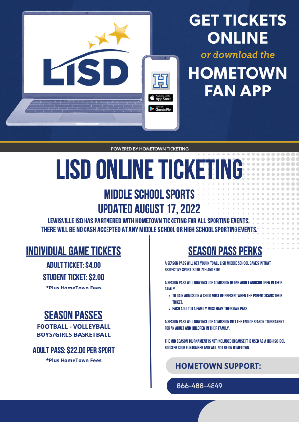 Planning on attending an LISD sporting event this year?  All entry fees *middle school AND high school* are paid online.  We will not be accepting cash at the door/gate.  Download the Hometown App and buy your tickets today.  Discounts for season passes apply!