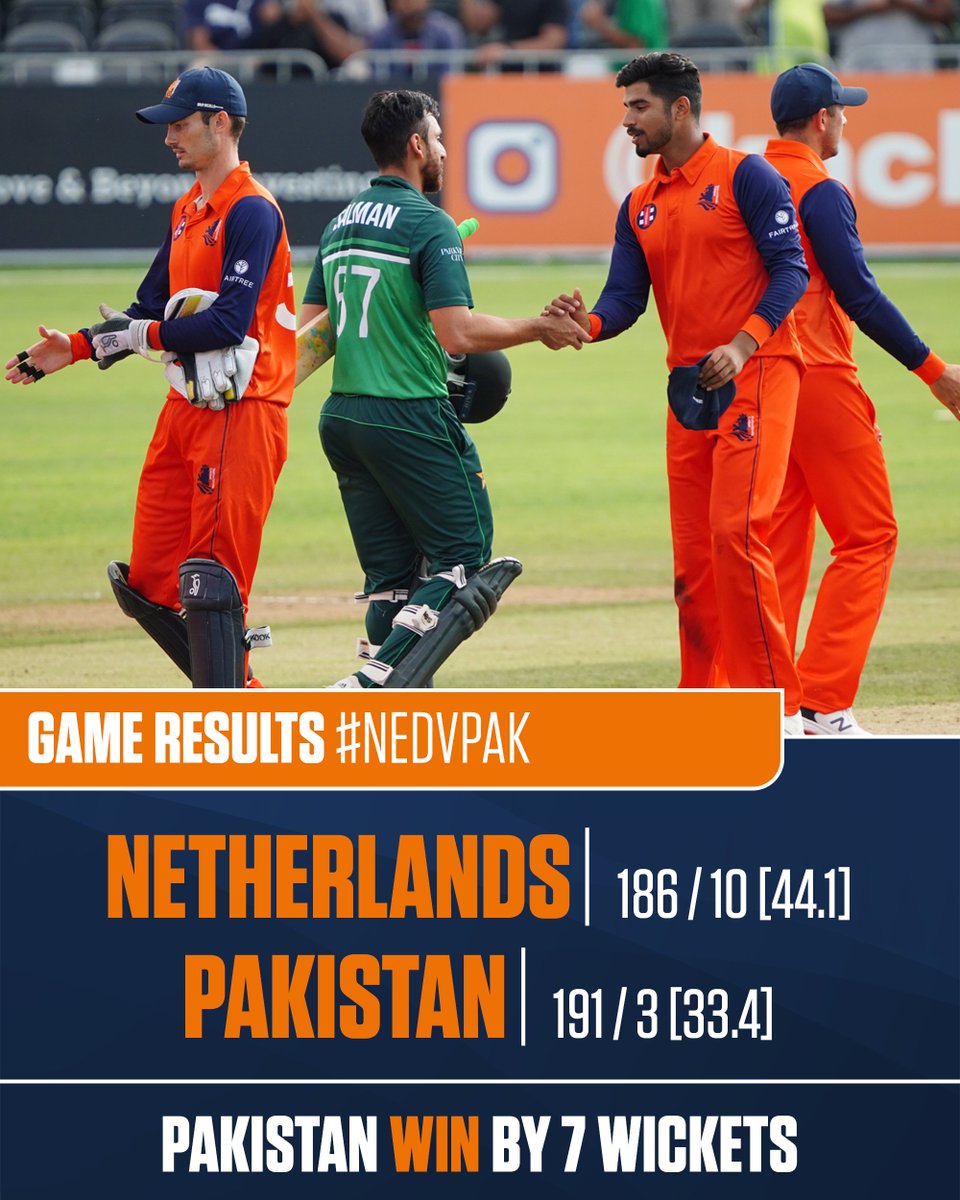 KNCBcricket's tweet photo. 🟠 | FINAL SCORE
🇳🇱 | 186/10 (44.1)
🇵🇰 | 191/3 (33.4)
🏆 Pakistan win by 7 wickets
A very solid batting innings by our visitors. Congratulations on the win today and on the series!
Reactions soon on our live blog ⤵️
https://t.co/sb7XdZde8u
#NEDvPAK #CricketNL #CWCSLS https://t.co/2b8W6QgOFT