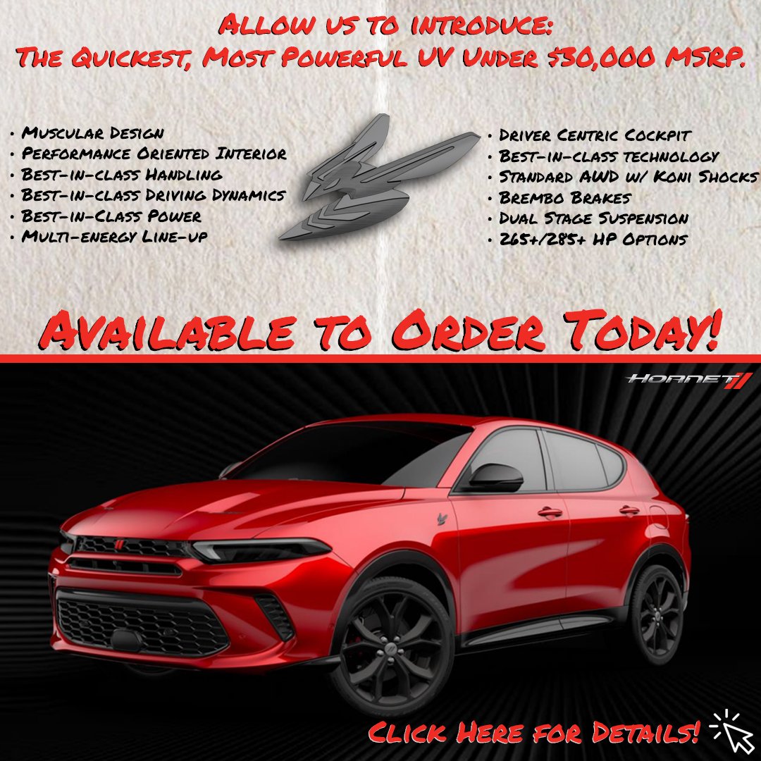 The All-New 2023 Dodge Hornet is available to order starting today! Be the first to own the quickest and most powerful UV under $30,000 MSRP by clicking the link below.

taylorchryslerdodge.net/2023-dodge-hor…