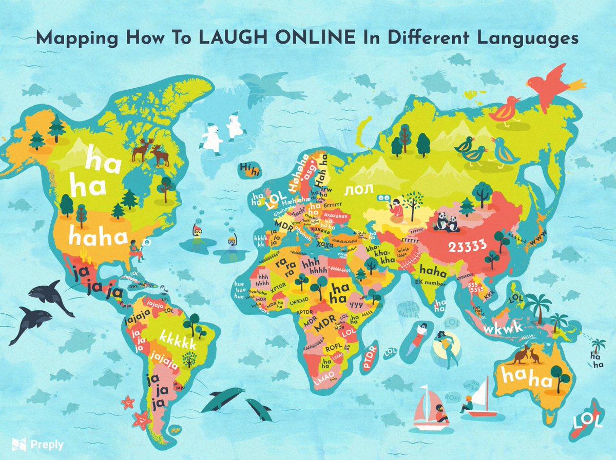 JulesGrandin's tweet photo. 😂🗺🌍 Comment exprime-t-on le rire en ligne de par le monde ?

De LOL à MDR en passant par jaja ou 55555, une cartographie du rire en ligne par @PreplyCom https://t.co/7EhQ02Tr29
