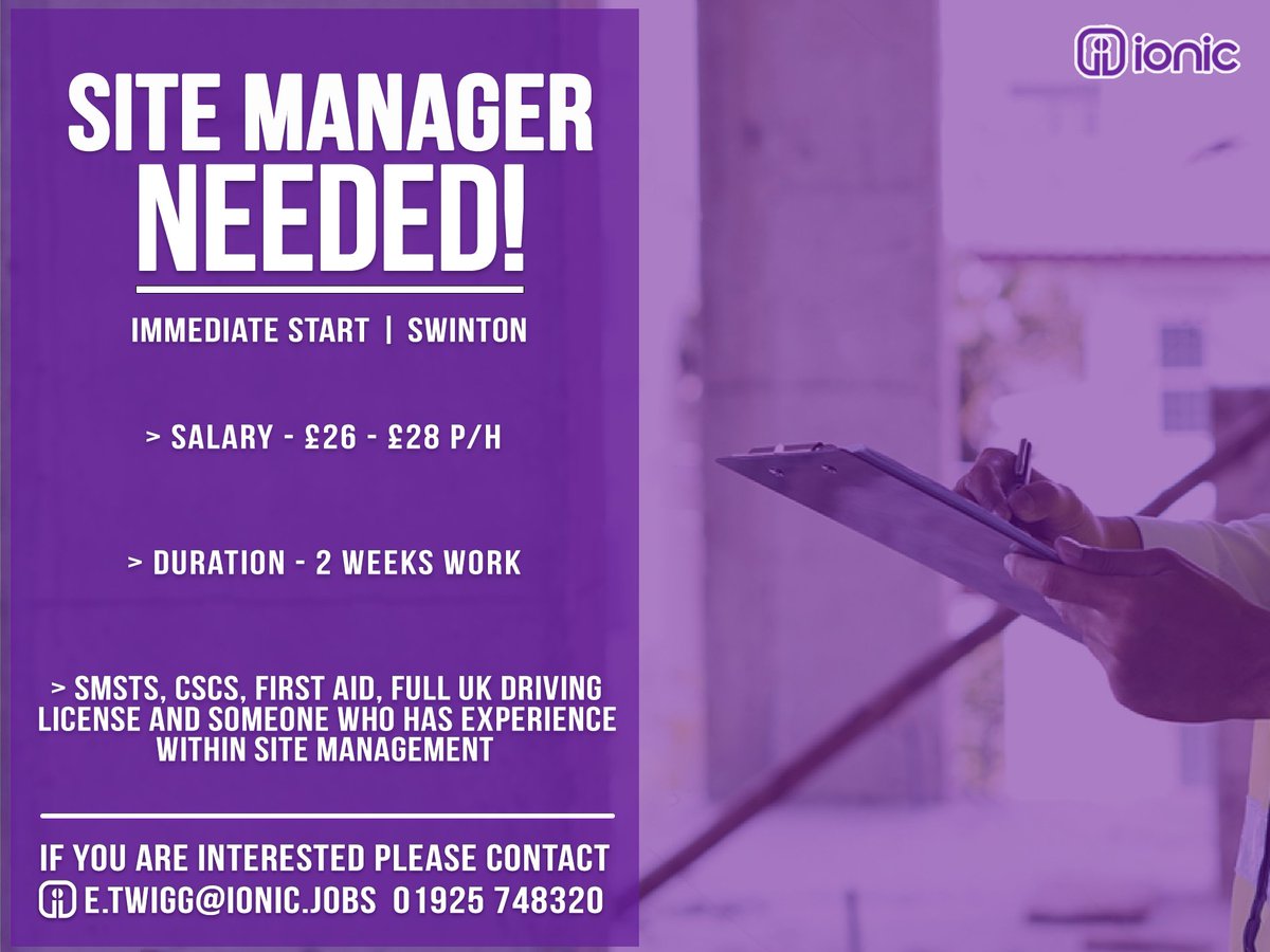 Ionic Recruitment (@ionicjobs) on Twitter photo Ionic’s recruiter - Emma Twigg is looking for a #SiteManager to work within #Swinton
If you are interested please contact Emma on 01925 748320/ e.twigg@ionic.jobs for more information.
ionic.jobs
#constructionjobs #recruitment Ionic’s recruiter - Emma Twigg is looking for a #SiteManager to work within #Swinton
If you are interested please contact Emma on 01925 748320/ e.twigg@ionic.jobs for more information.
ionic.jobs
#constructionjobs #recruitment
