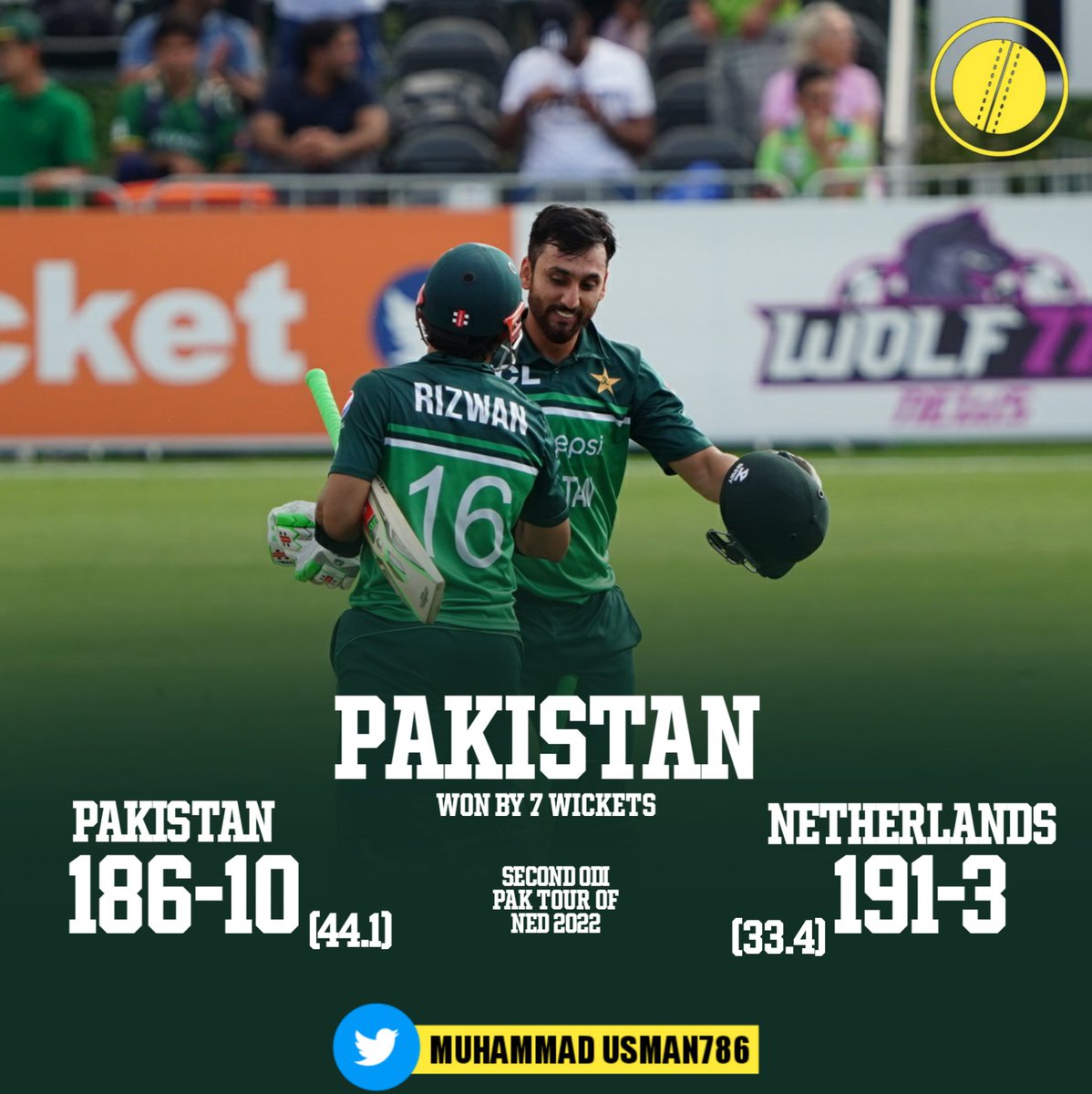CricPlyzUsmanPK's tweet photo. Babar Azam, Mohammad Rizwan and Salman Ali Agha's fifties help Pakistan beat Netherlands by 7 wickets chasing 187 and seal the series 2-0.
#NEDvPAK | #Cricket | #Pakistan | #BabarAzam | #MohammadRizwan | #SalmanAliAgha | #BackTheBoysInGreen #MuhammadUsman786 https://t.co/6bLupIQ6qN