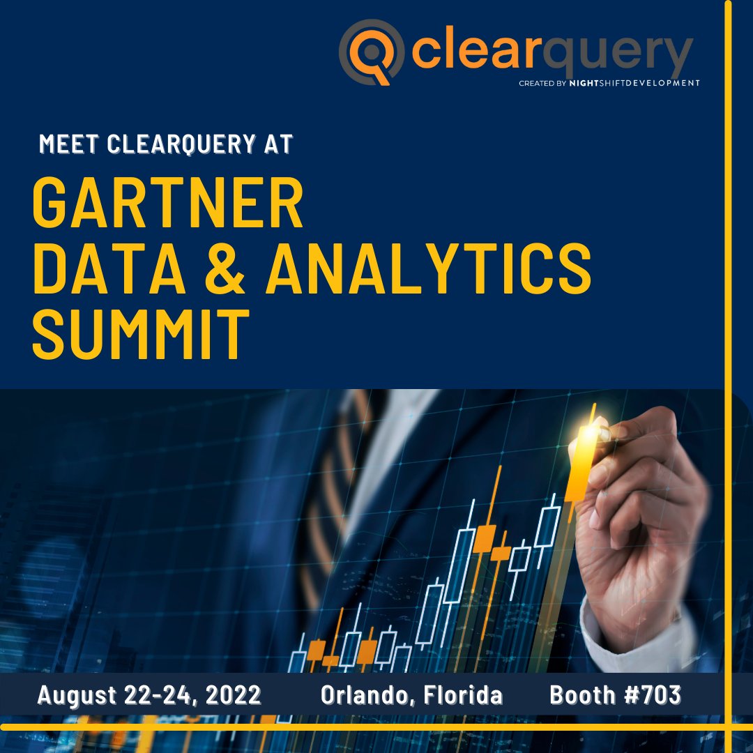 clearquery's tweet image. We will be in Orlando August 22-24, 2022 at the Gartner Data &amp;amp; Analytics Summit. Join us at Booth 703 and see how #ClearQuery can help drive your business forward!

Make the most of your trip by pre-booking a meeting at our booth using the link below↓
lnkd.in/eKygDdy9