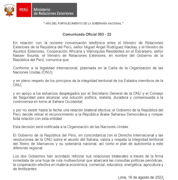 CancilleriaPeru's tweet photo. Comunicado Oficial del Ministerio de Relaciones Exteriores. https://t.co/yXBWEHyYKM