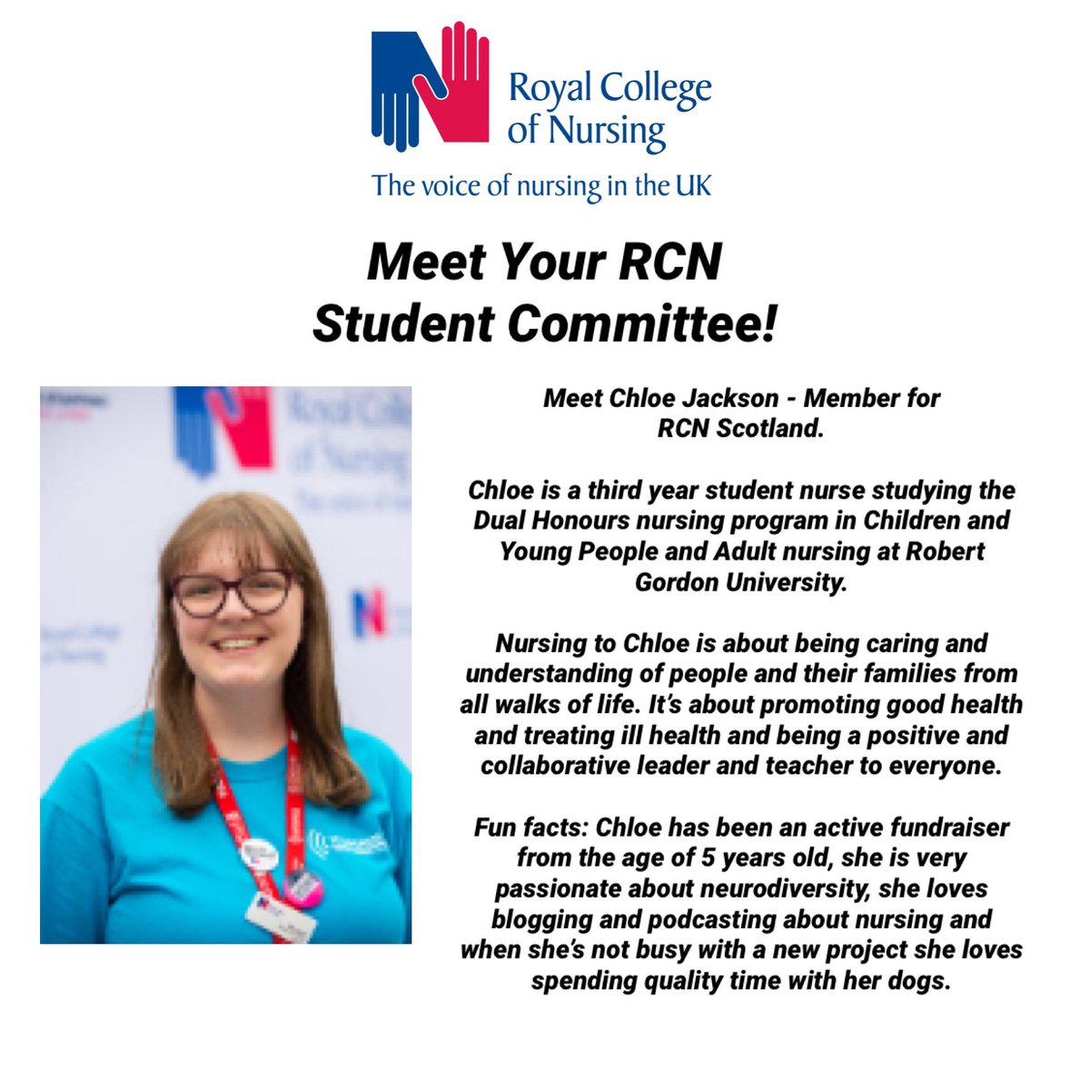 RCNStudents's tweet photo. Meet your RCN Student Committee! This is Chloe Jackson from @RCNScot region ! Give Chloe a share, like and follow! @ChloJaconherMac
๐ฉ๐ปโโ๏ธ
Chloeโs nursing podcast: https://t.co/UxJznyuy0j
Chloeโs Blog: https://t.co/BeASlpwvDy
#RCNstudentcommittee #thevoiceofstudentnurses @theRCN https://t.co/QDYqR6tCuQ