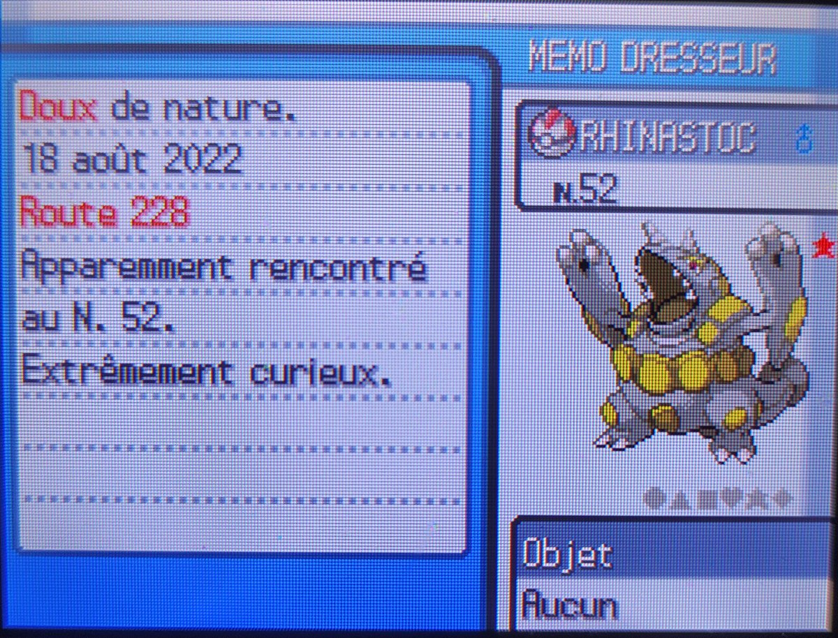 Rhinoféros shiny en 30 518 rencontres sur la shasse de Terhal ! Joli indésirable bien même si le chiffre fait mal. Go phase 2 !
