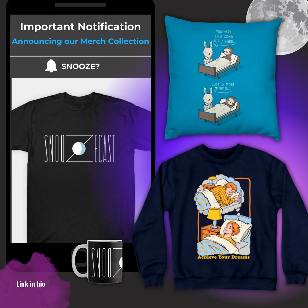 snoozecast's tweet photo. (Finally) have Snoozecast merch available! Get cozy with our different apparel and accessory options 😴 here's the link: https://t.co/TFGoia68x8 https://t.co/kiTcZoDkZF