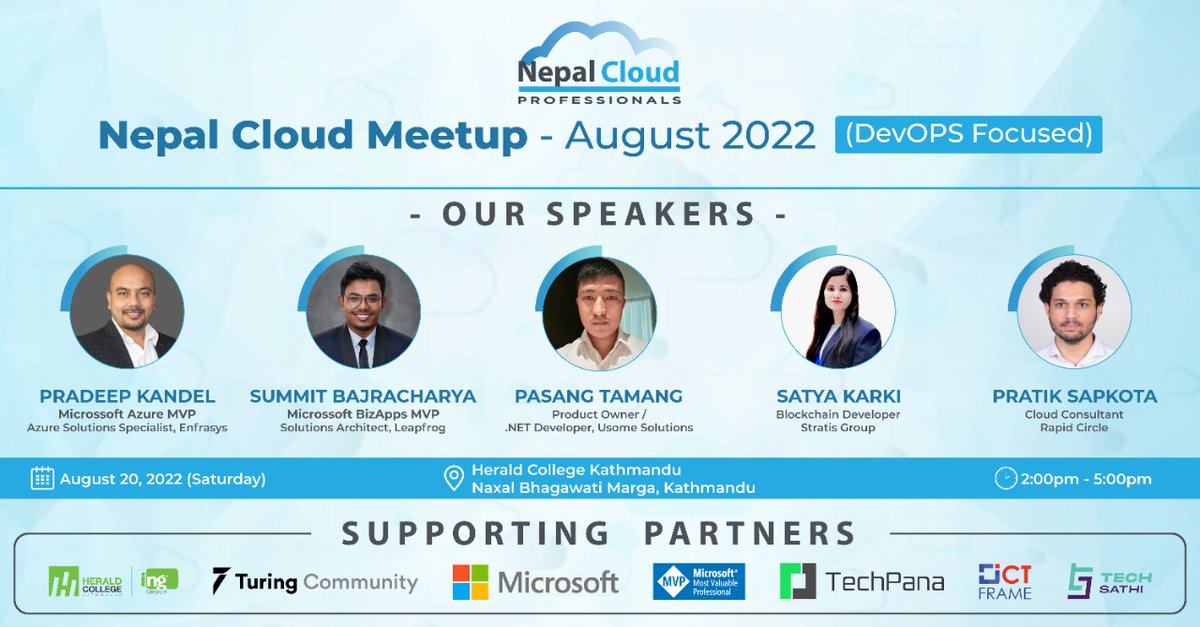 PradeepKandel's tweet photo. 📢2 days to go! Nepal Cloud Meetup- Aug 2022 #DevOps theme is just around the corner! Register for free 👉 https://t.co/1xJOVsktVu
📅Aug 20, 2022 (Sat)
⏲️2pm-5pm📌Kathmandu. @NepalCloudP @TuringDev #HeraldCollege #MVPBuzz #Microsoft  #TechSathi #TechPana #ICTFrame #NepalCloudPro https://t.co/aBex2rAqkg