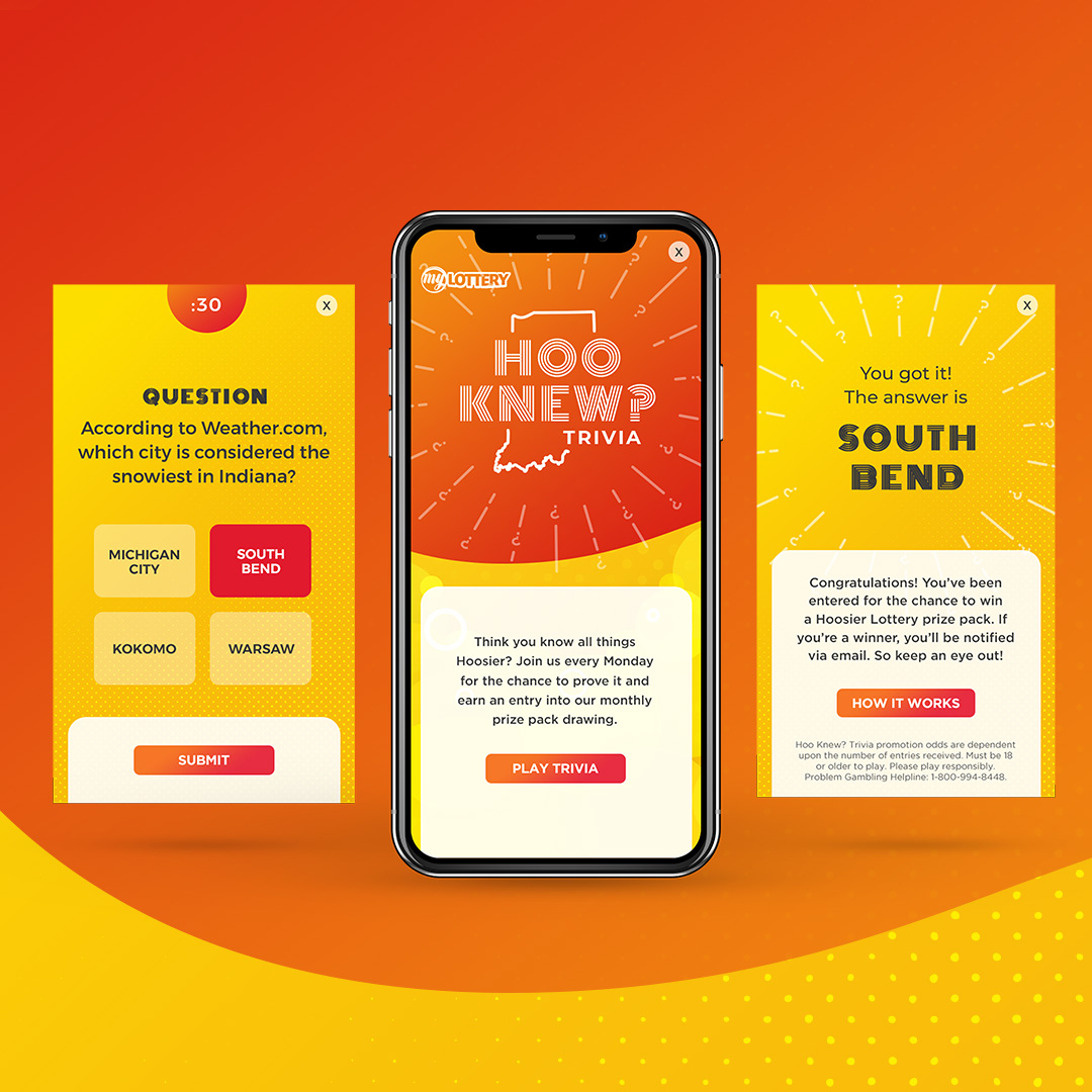 Hoosier Lottery players love to game. So, to get them to engage with the @HoosierLottery app, we created a new kind of game: Hoo Knew? Trivia. The campaign drove new member sign ups, increased app engagement, AND was fun as heck to play! #Indiana  #Hoosier