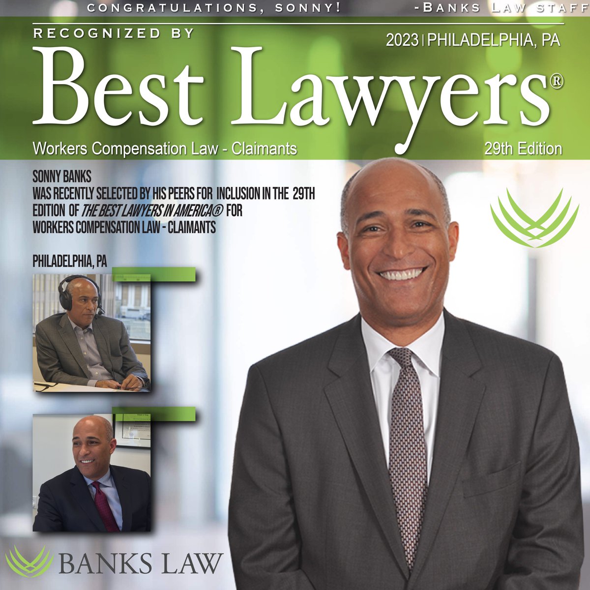 Sonny Banks Esq. was recently selected by his peers for inclusion in the 29th Edition of The Best Lawyers in America® for Workers' Compensation Law - Claimants | Philadelphia, PA. 

Congratulations Sonny! 

#bankonus #c23 #PhillyLawyer #phillyattorney