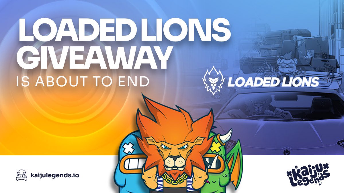 The <a href="/LoadedLions_CDC/">Loaded Lions</a> giveaway is about to end! 

The 1/1 NFT will go to one amazing Kaiju holder ⬇️ 
mint.kaijulegends.io

To enter:
Mint, play + reply with your score👇 
cdcgame.kaijulegends.io

RT + Join and submit wallet in the loaded lion channel ⬇️
discord.gg/KaijuLegendsNFT
