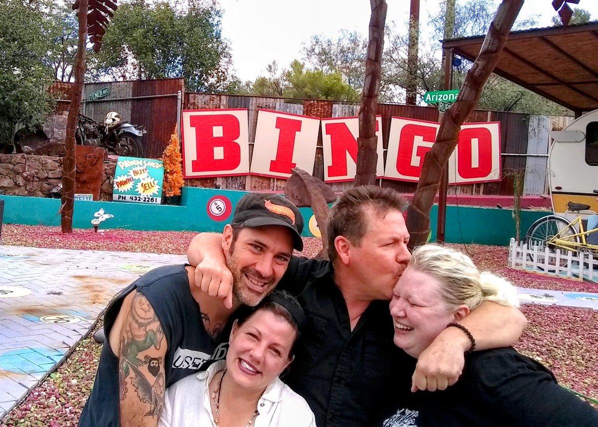 realTomKonopka's tweet photo. It's always a treat to hang out with Kristine in the FUNHOUSE or outside it! Even hanging out with Mamu and friends at the #shadydell at the start of COVID was fun! @MishkaShubaly Mishka will be "serenading us" in his high falsetto voice on the Podathon!😉 @kristinelevine #bisbee https://t.co/ybrjYhO5en