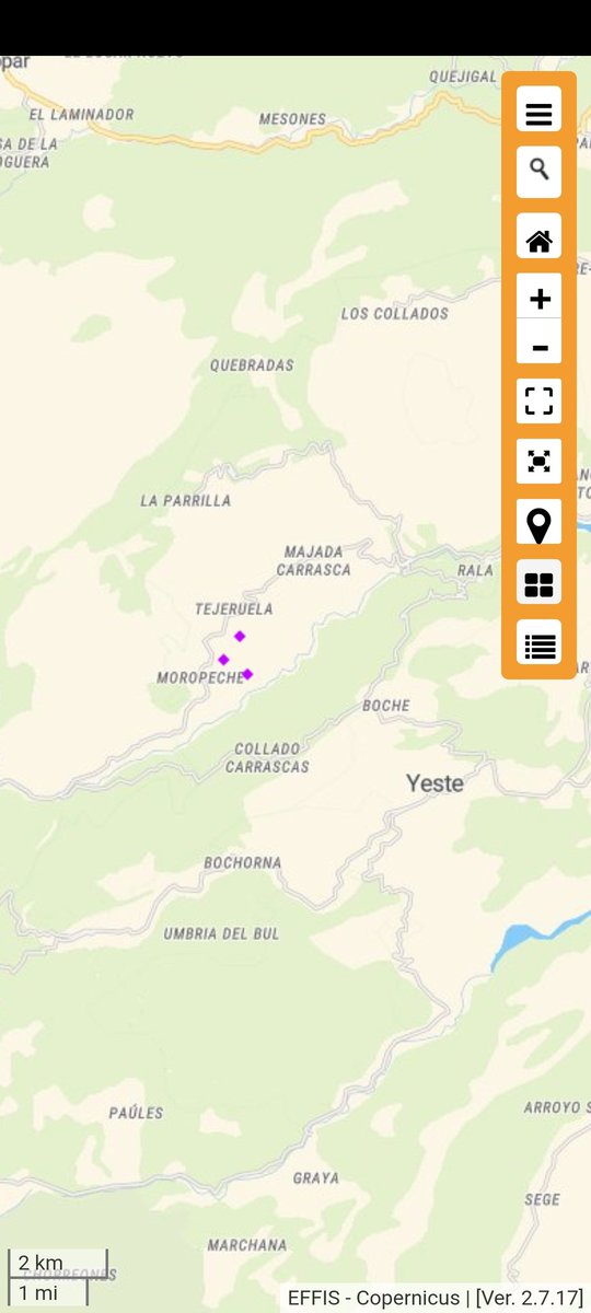Carlosd17987074's tweet photo. Se muestra la evolución del incendio por puntos calientes, con resolución de 375 metros, fuente, EFFIS copernicus #IFYeste https://t.co/YL1mDSLziu