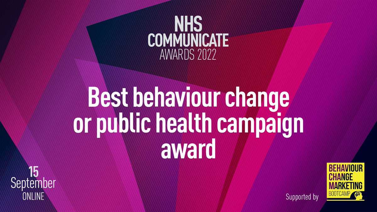 Our first shortlist is live! 🎉 Congratulations to those shortlisted for the Best Behaviour Change or Public Health Campaign Award, supported by <a href="/ruth_dale/">Ruth Dale</a>

See the shortlist and book your place at #NHSCommunicate online awards evening on 15 Sept! 👉bit.ly/3CfRkPZ