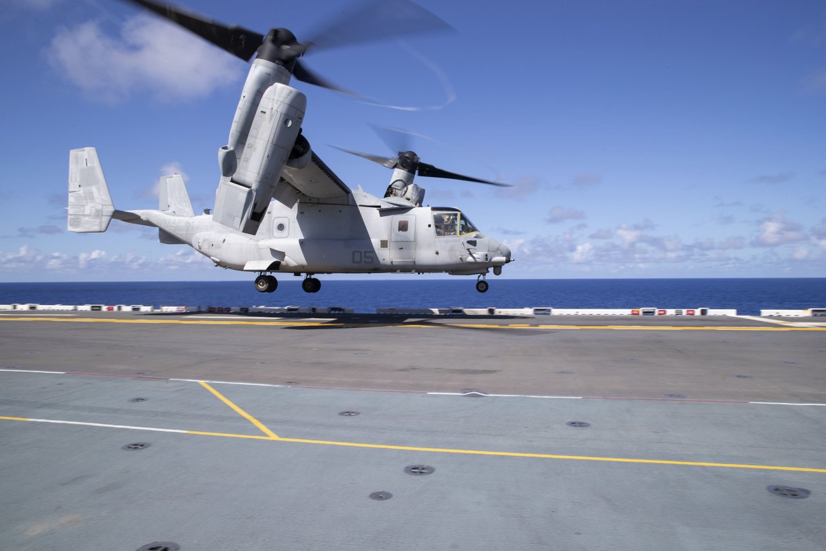 USMC's tweet photo. #MarineCorps aircraft assigned to Marine Medium Tiltrotor Squadron (VMM) 262 (Reinforced) conduct flight operations on the @USNavy's USS Tripoli while in the Philippine Sea, Aug. 16.

#VMM262 and Tripoli are operating in the @US7thFleet to defend a #FreeAndOpenIndoPacific. https://t.co/bf5OvyKoAc