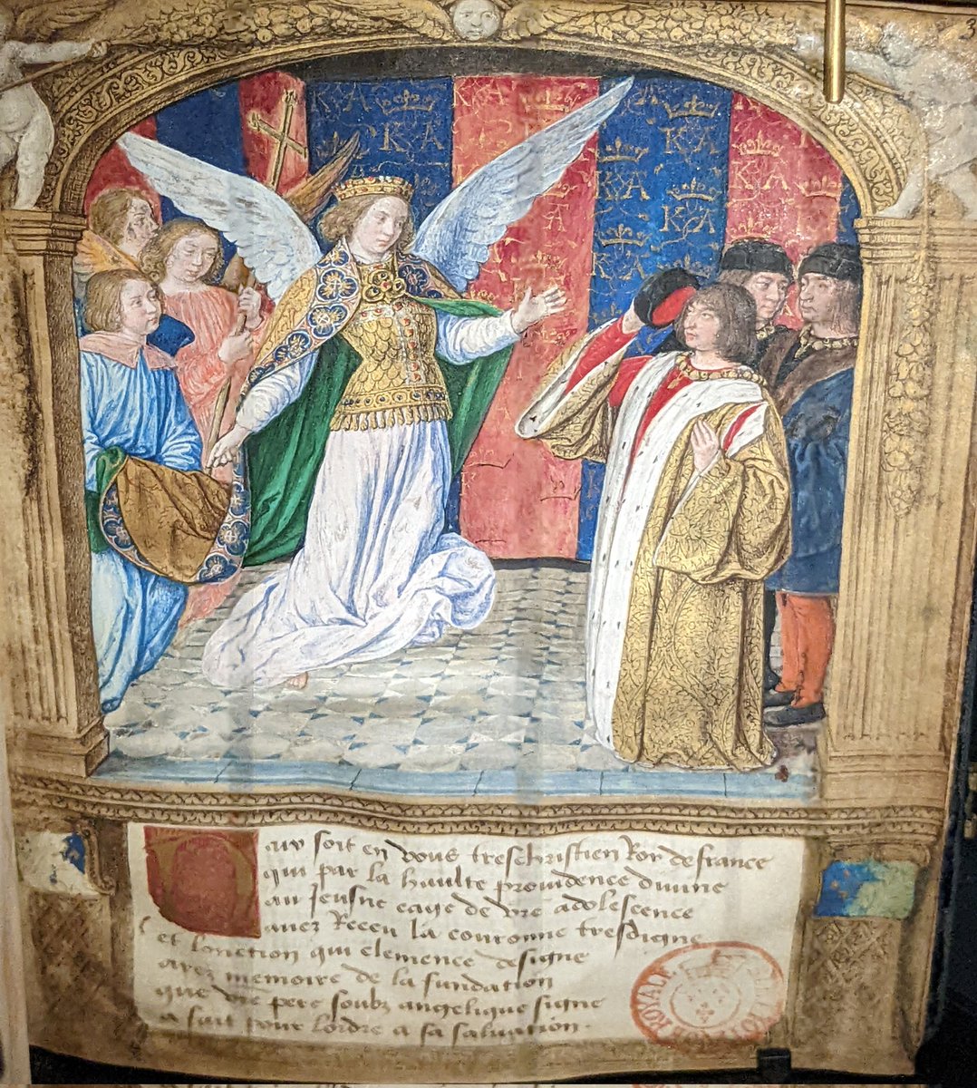 Au musée Anne de Beaujeu de Moulins, <a href="/laBnF/">La Bibliothèque nationale de France</a> présente en ce moment l'un des plus beaux manuscrits enluminés français. La miniature présentée est l'œuvre de Jean Hey, dit anciennement le maître de Moulins. 

Statuts de l'ordre de Saint-Michel, Moulins, vers 1493-1494.