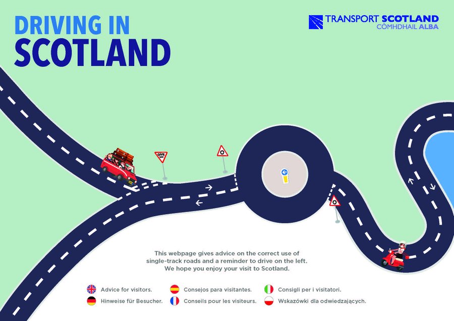 HighlandCouncil's tweet photo. If you are visiting the Highlands, this handy info from Traffic Scotland and Road Safety Scotland has great advice on how to drive on single track roads and remember to drive on the left 😀https://t.co/c4Vcw2SX8O
#DriveLeft https://t.co/wcEF0AEwFV