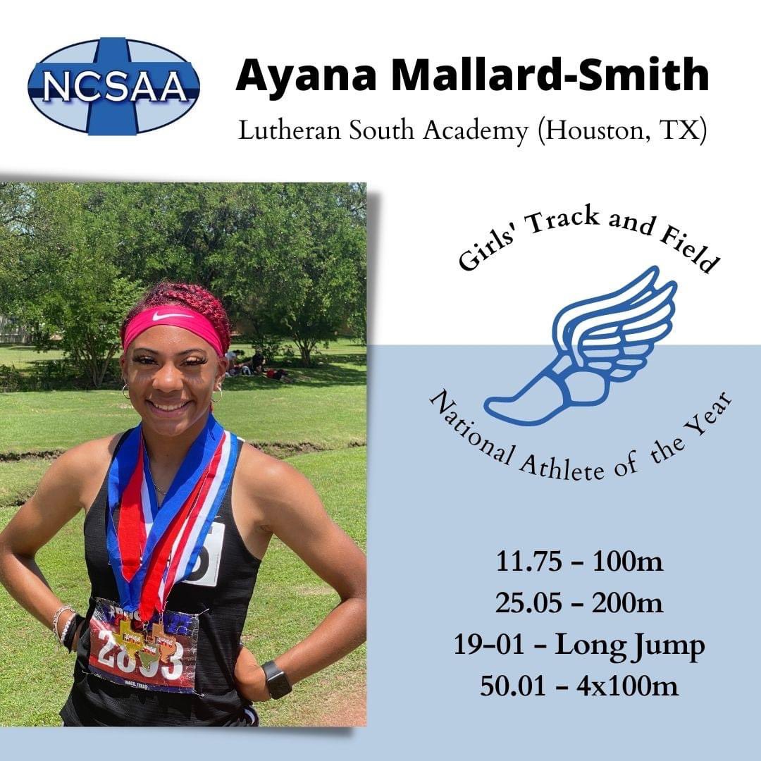 lsaathl's tweet photo. National Christian School Athletic Association named Ayana Mallard-Smith, Girls’ Track &amp; Field Athlete of the Year! ⭐️ https://t.co/9IdncPlWqp