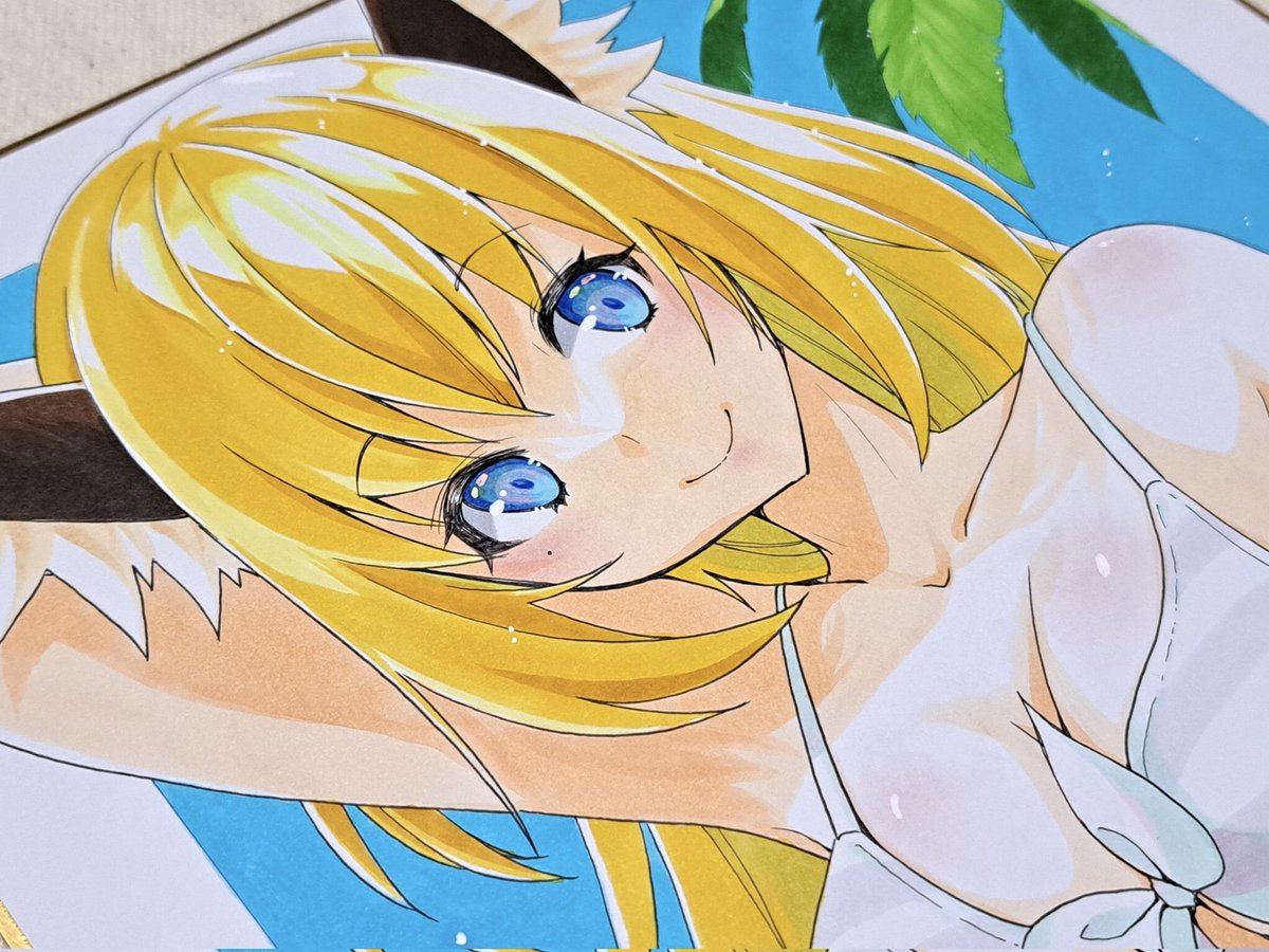 「BOOTH用の水着狐ちゃん色紙描けましたー*\(^o^)/*日中にページ用意して」|ささつゆ🦊5/5【COMITIA144】H28b📚5/6【A40】参加のイラスト
