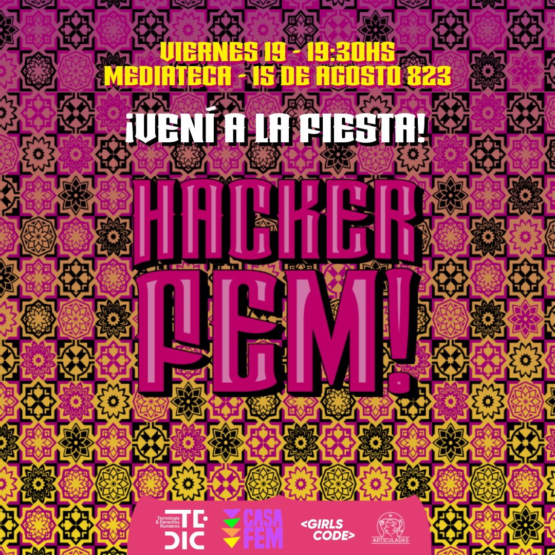 TEDICpy's tweet photo. ¡Ya está por comenzar la fiesta #HackerFem! y están todas invitadas! 🥳

🗓️ 19/08 
⏳ 19:30 hs. 
📌 15 de Agosto 823 c/ Humaitá

¡Va a estar imperdible, te esperamos! 🎉

🤝 Invitan: TEDIC, @Casafem_Py, @PYGirlsCode y @Articuladas_
🤝 Apoya: @fmujeresdelsur https://t.co/WMlaJBxIhx