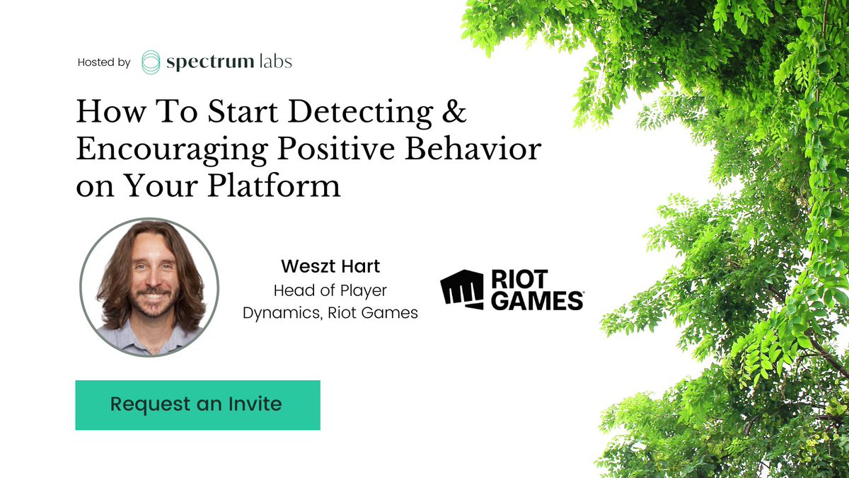 SpectrumLabsAI's tweet photo. Join #TSCollab tomorrow with @weszt of @riotgames - We’ll be chatting about healthy user behavior & the future of positive play.
Don't want to miss it? Request an invite to join the #TSCollective: https://t.co/USE2W4WGnE https://t.co/ckf6DIecqX