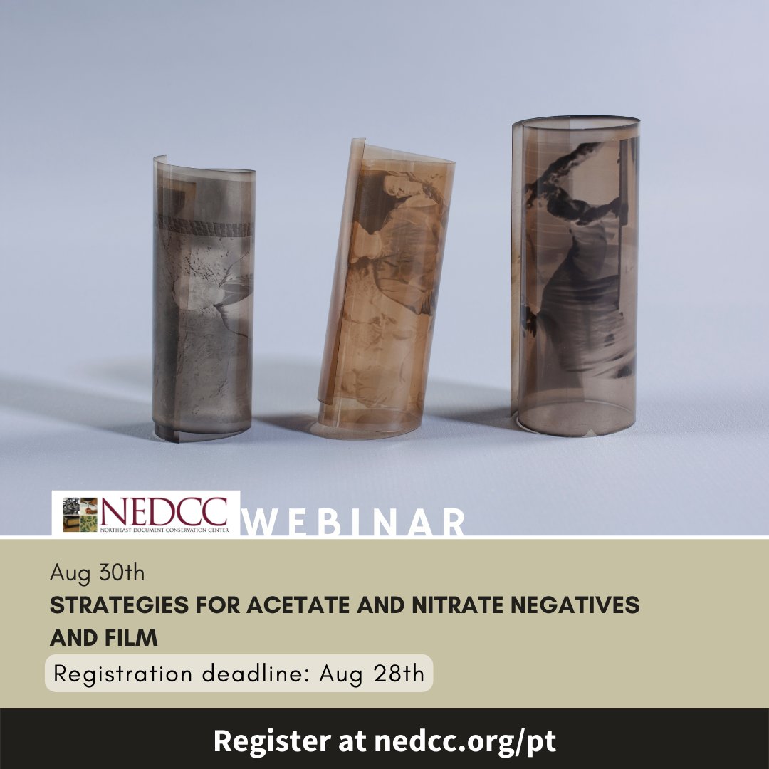NEDCCInfo's tweet photo. Do you need to start digitizing the acetate and nitrate in your collections? The upcoming STRATEGIES FOR ACETATE AND NITRATE NEGATIVES AND FILM webinar will cover all of the logistical complexities involved in a #reformatting project. Register at https://t.co/pShxPRTm7E. https://t.co/tF2p7ZRonk