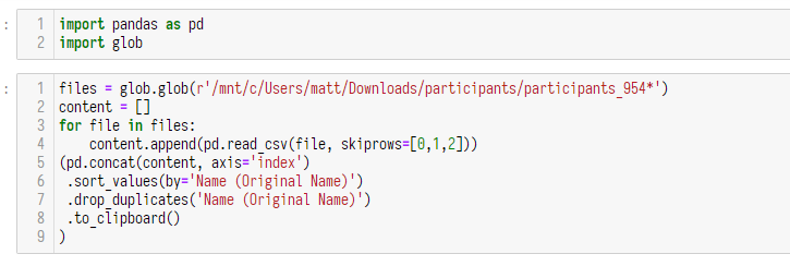Use Pandas to combine a bunch of CSV files, drop dupes, the export to the clipboard! 🐼🤯