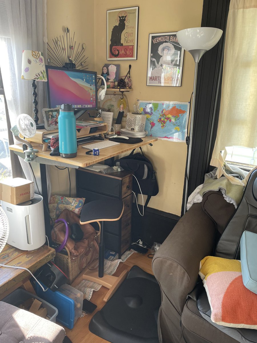 kimskitchensink's tweet photo. Home office corner getting better. Bonus: I drank my whole cup of coffee at the dining room table before starting work today! It was hot the whole time I drank it! #Childcare #WorkingParents #CareIsInfrastructure https://t.co/fCgErHo0Of