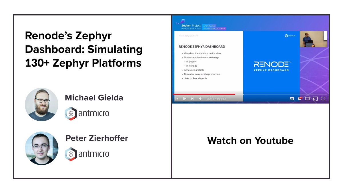 renodeio's tweet image. Missed this year's #ZephyrDeveloperSummit? Here's a video from @antmicro's talk on the Renode #ZephyrRTOS dashboard, which, only two months later, features nearly 220 targets, topping half of all @ZephyrIoT powered platforms! youtube.com/watch?v=6Uoud-…