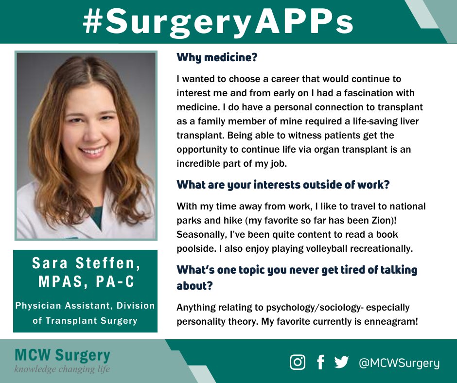 MCWSurgery's tweet photo. Today is #SurgeryAPPs day &amp; we are featuring @MCWSurgery Physician Assistant Sara Steffen! Sara joined the Division of #TransplantSurgery in October 2021 &amp; has been #LeadingTheWay ever since! DYK Sara grew up in a town of 500 on a dairy farm?

@MedicalCollege @Froedtert #MCWAPPs https://t.co/4nRo0zeX5P