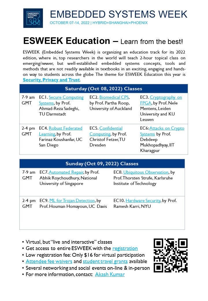 es_week's tweet image. “Education Classes” at #ESWEEK 2022:
Top educators from across the world are going to teach fundamental concepts about embedded system designs, tools, and applications at ESWEEK. This year, the theme is “Privacy, Security, and Trust”. 

Web: esweek.org/education
@AkashKumar_PD