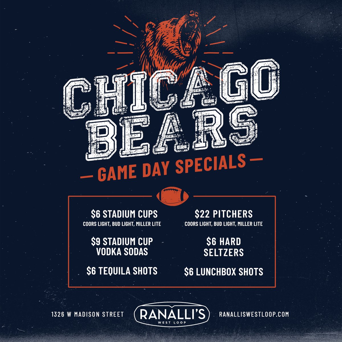 Come catch DA Bears preseason game vs the Seahawks tonight, at 7pm! 🏈🍻
▫︎ $6 Stadium Cups
▫︎ $6 Tequila Shots
▫︎ $6 Hard Seltzers
▫︎ $6 Lunchbox Shots
▫︎ $9 Stadium Cup Vodka Sodas
▫︎  $22 Domestic Pitchers