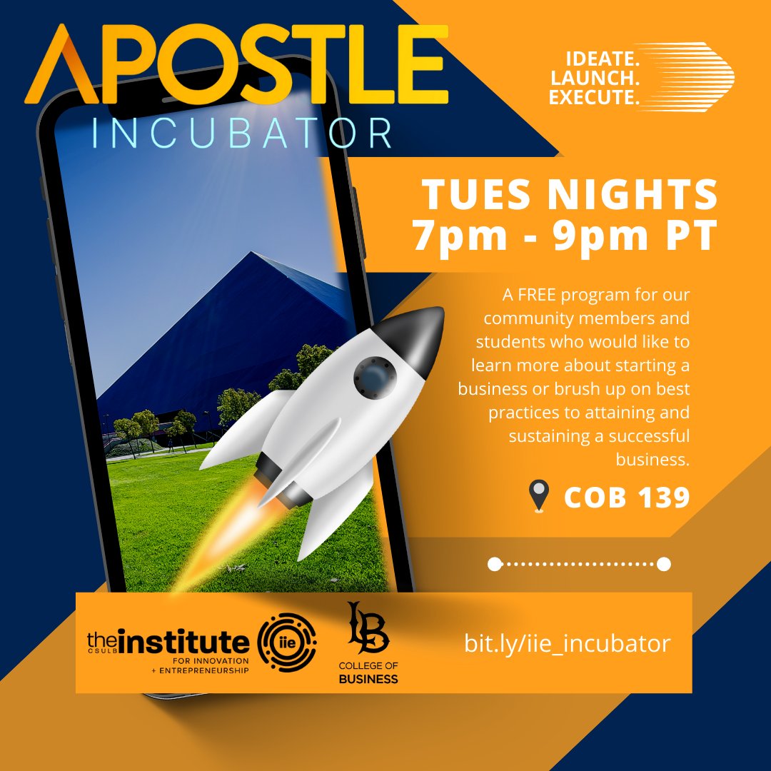 Ready to collaborate? So are we. 

The Apostle Incubator returns to Tuesday nights! This free program welcomes everyone. For more info go to bit.ly/iie_incubator 

When: Tuesday, August 23, 7pm - 9pm PT
Where: COB 139, CSULB Campus (no registration required)

#csulbiie