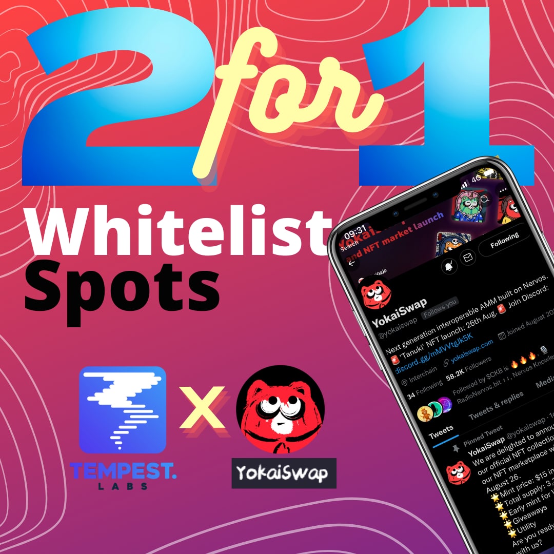 Sherpa0x's tweet photo. 📢 Yokaiswap x Tempest 4-day event

Yokai NFT whitelist spots for 10 random winners if you:

🌪️Retweet + tag 3 friends
🌪️Follow @yokaiswap + @tempest_labs 
🌪️Join Discords: https://t.co/osLDgnEp9o + https://t.co/wCd7HsdGSD
🌪️Join whitelist https://t.co/H95zqsgPzP
🌪️ Post SS proof https://t.co/niiVt2Gq6N