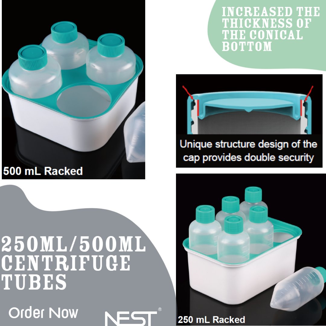 NestSciUSA's tweet image. The 250mL &amp;amp; 500mL centrifuge tubes can process a large number of samples at one time and are suitable for separation and harvest of large cells, supernatants, bacteria, yeast and tissue samples. Order now and get your experiments started! 
#centrifugetubes #lifescience #biotech
