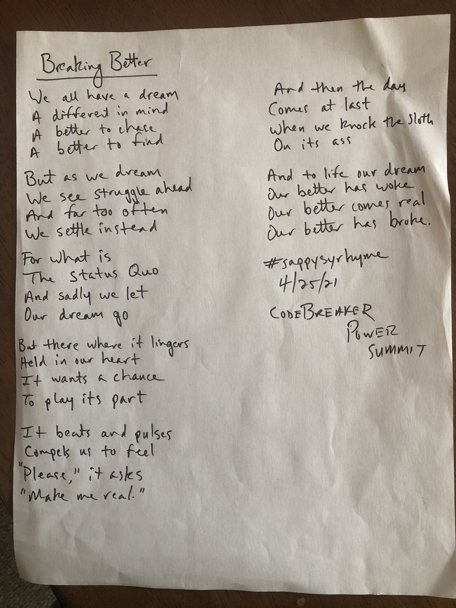 MonteSyrie's tweet photo. Breaking Better
Came across this #sappysyrhyme from the @codebreakeredu Power Summit in April ‘21.
Make this the year you “Break Better.” #Project180 #codebreakeredu #teachertwitter https://t.co/2bVI8iXGSU
