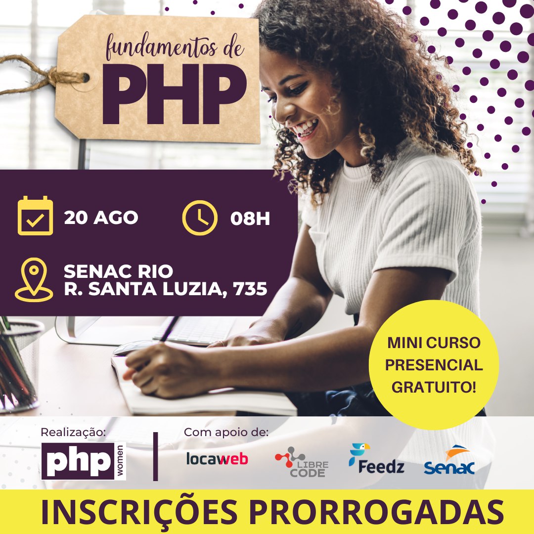 PHPWomenBR's tweet image. ⚠️ INSCRIÇÕES PRORROGADAS
É isso mesmo! Prorrogamos as inscrições até amanhã 12h, para o Minicurso de PHP. 

O evento é  #gratuito e voltado para mulheres que querem ingressar na área de tecnologia.

🔗 bit.ly/MinicursoPHP

Bora?! Não perca essa chance.