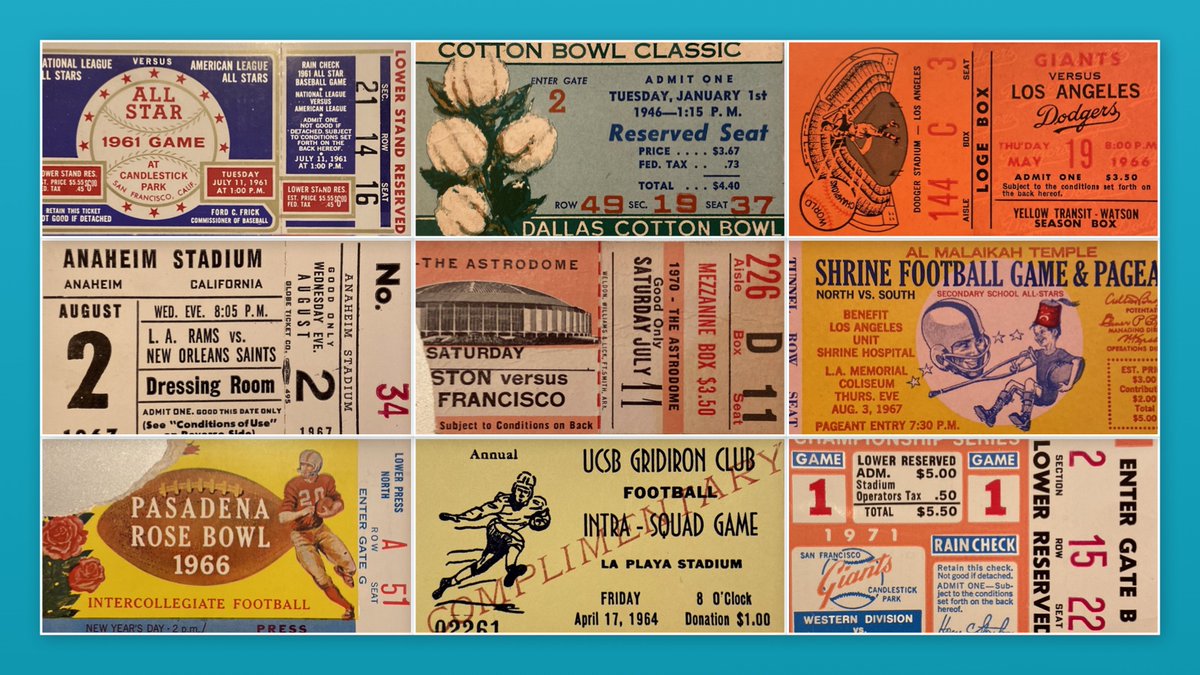 Vintage #Baseball #Football tickets...

1961 All Star Game <a href="/CandlestickSF/">Candlestick Park</a>
1946 Dallas Cotton Bowl <a href="/cottonbowlstad/">Cotton Bowl® Stadium</a>
1966 <a href="/Dodgers/">Los Angeles Dodgers</a>
1967 <a href="/RamsNFL/">Los Angeles Rams</a>
1970 Houston #Astrodome
1967 Shrine Football Game <a href="/lacoliseum/">Los Angeles Memorial Coliseum</a>
1966 Pasadena Rose Bowl
1964 <a href="/ucsantabarbara/">UC Santa Barbara</a> Intra-Squad Game
1971 <a href="/SFGiants/">SFGiants</a>