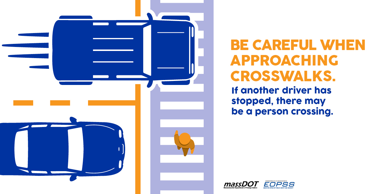 MassDOTSafety's tweet photo. Here is what a multiple-threat scenario looks like⬇️⬇️

Be careful when approaching #crosswalks. If another driver has stopped, there may be a person crossing. 

Always remember to #ScantheStreet for wheels and feet.🧡 https://t.co/kZXYXweflA
