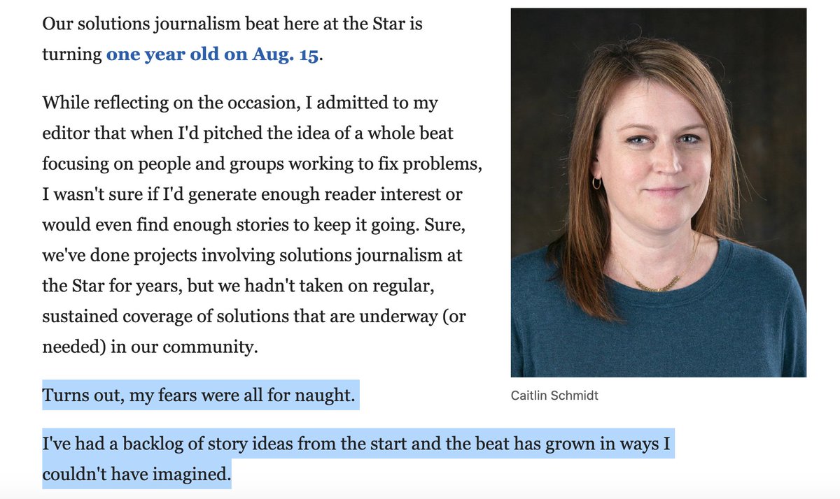 Solutions Journalism Network (@soljourno) on Twitter photo The <a href="/TucsonStar/">Arizona Daily Star</a> and <a href="/caitlincschmidt/">Caitlin Schmidt</a> are celebrating one year of their solutions beat
They wrote about it, and this piece really jumped out: The <a href="/TucsonStar/">Arizona Daily Star</a> and <a href="/caitlincschmidt/">Caitlin Schmidt</a> are celebrating one year of their solutions beat
They wrote about it, and this piece really jumped out: