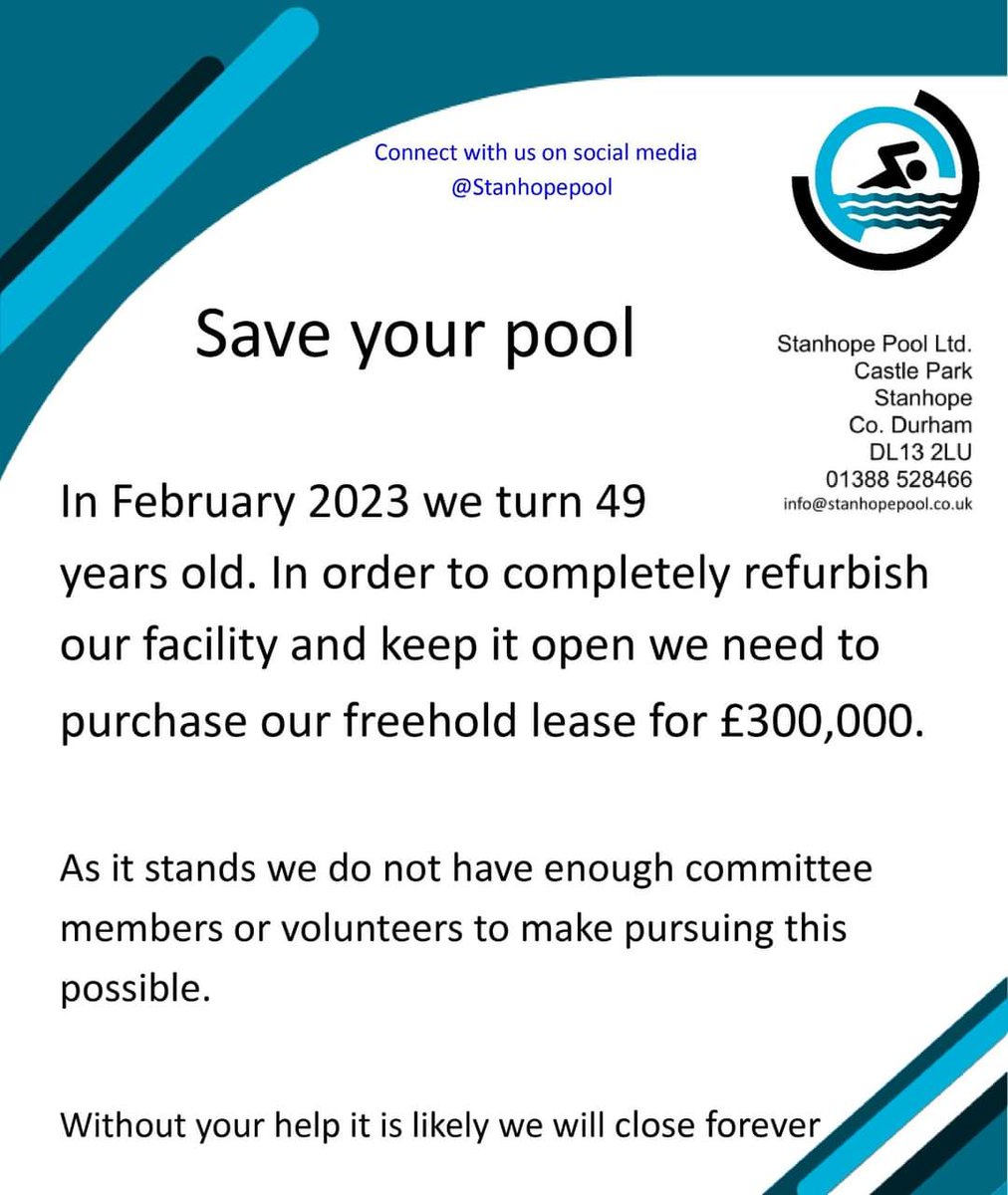 StanhopePool's tweet photo. As many of you will have seen, we are currently nearing the end of our 50 year lease agreement. The facility is also in desperate need of refurbishment, but as a charity we rely on your help to remain open.

If you love Stanhope Pool as much as we do, please SAVE YOUR POOL https://t.co/WI7V2MO2KR