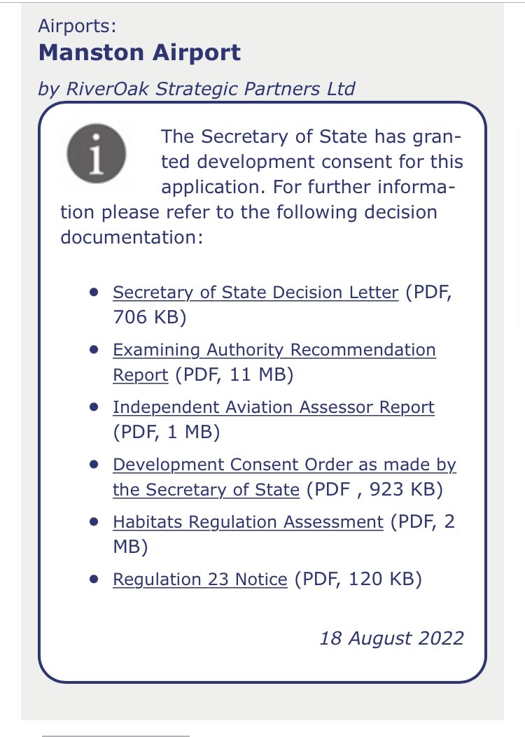 Manston in Kent will be able to reopen as an airport after the Secretary of State granted a development consent order.  A huge victory for local campaigners who have fought for years to prevent the site being used for housing.