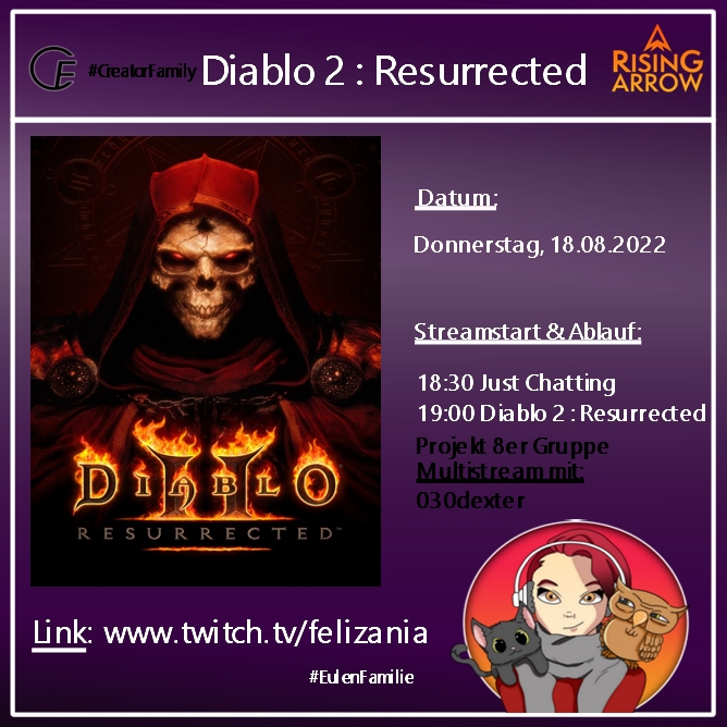 Felizania1's tweet photo. #Diablo2Resurrected #FullGroup
Aber erst #JustChatting
Kommt gerne vorbei
(Allerdings KEIN Multi leider)
➡️https://t.co/JFJrzZ70oT
#twitchDE #twitch #GermanMediaRT #EulenFamilie #CreatorFamily #RisingArrow #Blizzard #Diablo #Community https://t.co/jBZnzwhiOc