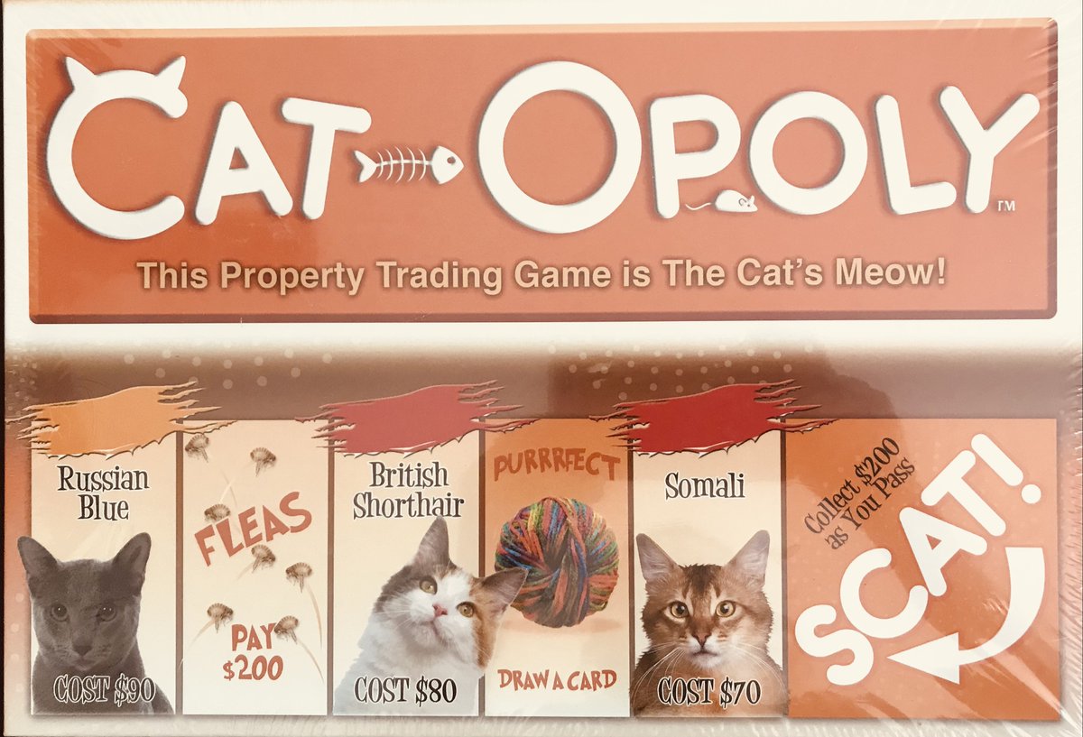 AskMrFrisky's tweet photo. Our first #auction Item Preview: #Cat-opoly! Brand new, still in the shrinkwrap! Hours of fun for you&your friends plus your #kitties who will try to steal the game pieces ๐
#501c3 #Animal #Rescue #fundraiser https://t.co/4hOwfN0An1