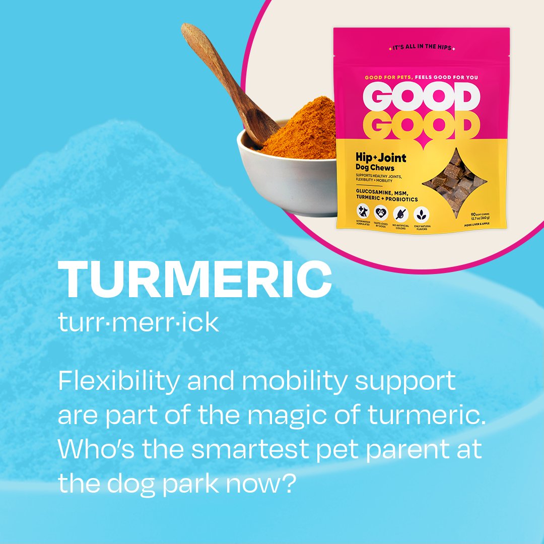 For the last 4,000 years, humans have used Turmeric. We like it so much we had to put it in our hip and joint chews. goodgoodpet.com/products/hip-j…