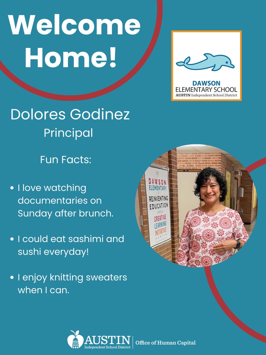Welcome home, Dolores Godinez! 
Thank you for choosing <a href="/AustinISD/">Austin ISD</a> . 
We can't wait to see the great things that you are going to do <a href="/DawsonDolphins/">DawsonDolphins</a> this year! 
  #AISDproud  #AISDjoy  <a href="/AISDElementary/">@AISDElementaryProud</a>