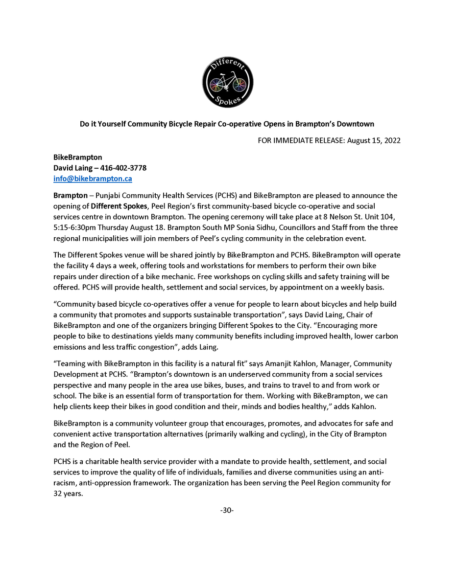 PCHS4U's tweet photo. Punjabi Community Health Services (PCHS) and BikeBrampton are pleased to announce the opening of Different Spokes, Peel Region's first community-based bicycle co-operative and social services centre in downtown Brampton. Press release below https://t.co/zA1X5vJgjI