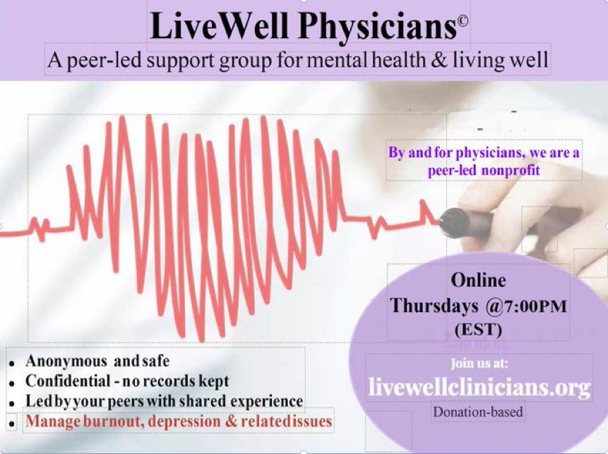 ms_weinstein's tweet image. All Physicians welcome anywhere in the world:

PHYSICIAN SUPPORT GROUP FOR MENTAL WELLBEING
LIVEWELL!
Thursday evenings @ 7pm EST

To get zoom link, register here:
buff.ly/2ZFwBjU